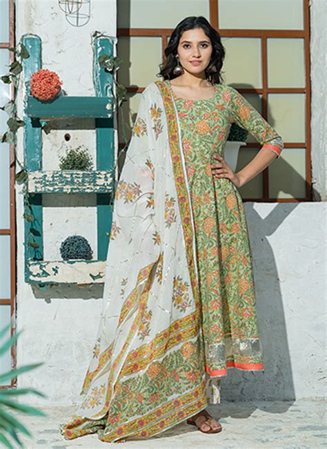 Buy Printed Cotton Green Bollywood Salwar Kameez 183722 Anarkali Suits