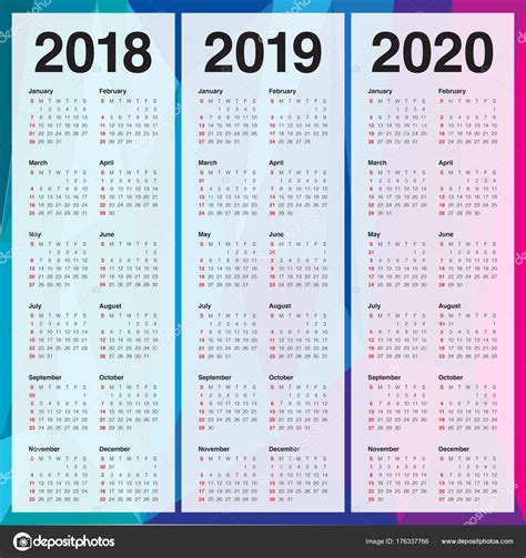 Año 2018 2019 2020 Vector De Calendario — Vector De Stock © Dolphfynlow
