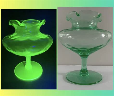 Vintage Green Uranium Vaseline Depression Glass Footed Oval Compote