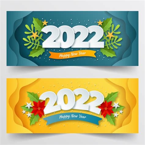 Premium Vector Paper Style Happy New Year 2022 Horizontal Banners Set