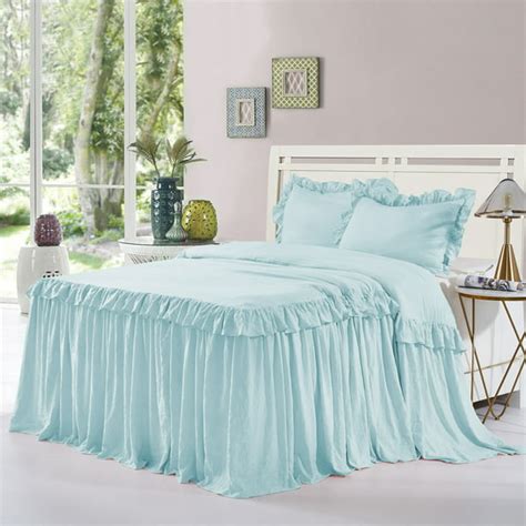 Hig 3 Piece Ruffle Skirt Bedspread Set Queen Aqua Color 30 Inches Drop Ruffled Style Bed Skirt
