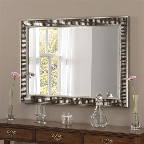 yg658 silver modern rectangle framed wall mirror with pebble effect detail on its frame bedroom