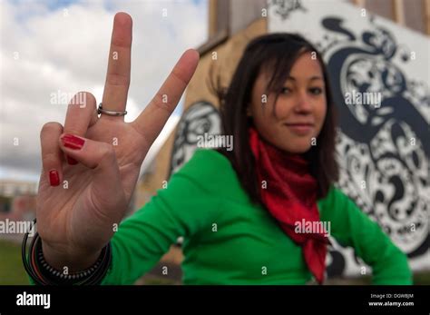 Female Teenager Giving Peace Sign Hi Res Stock Photography And Images