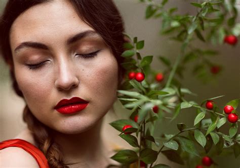 Wallpaper Face Women Model Portrait Closed Eyes Plants Red Lipstick Nose Berries