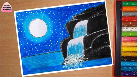 How To Draw Moonlight Waterfall Scenery With Oil Pastels Step By Step