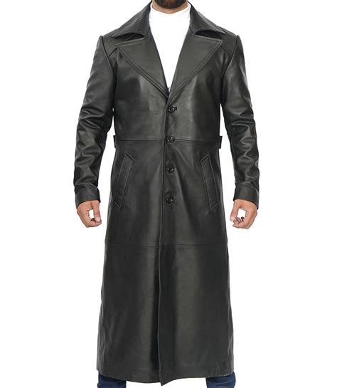 Mens Black Full Length Leather Coat Long Trench Coat