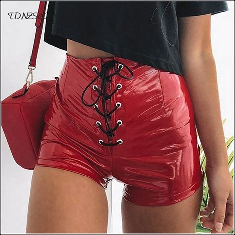 Women Sexy Pu Patent Leather Bandage Skinny Shorts High Waist Lace Up Pvc Latex Solid Color