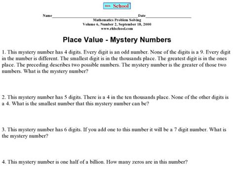 Place Value Mystery Numbers Worksheets