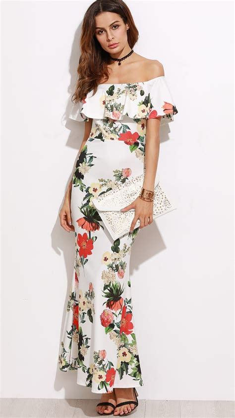 White Off Shoulder Floral Printed Fishtail Maxi Dress Maxi Dresses Uk