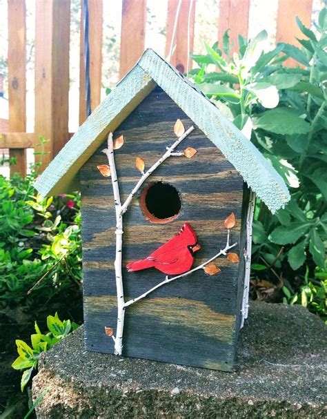 Handmade Wood Birdhouse With Handcut And Painted Cardinal Etsy Bird
