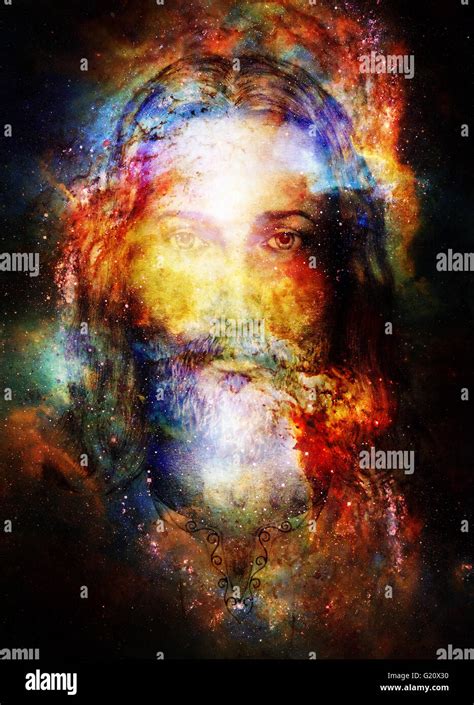 Jesus Christ Painting With Radiant Colorful Energy Of Light In Cosmic