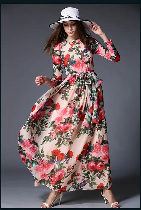 Long Sleeve O Neck Floral Print Maxi Dresses Women Maxi Chiffon