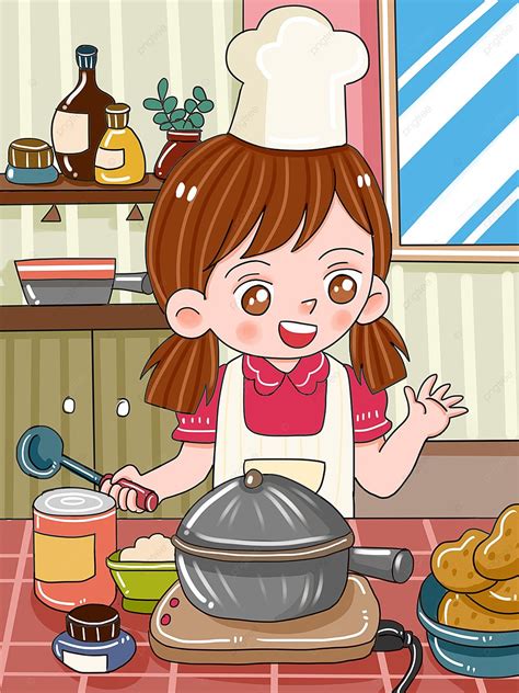 Gambar Kartun Kulit Asal Koki Dapur Memasak Makanan Anak Ilustrasi