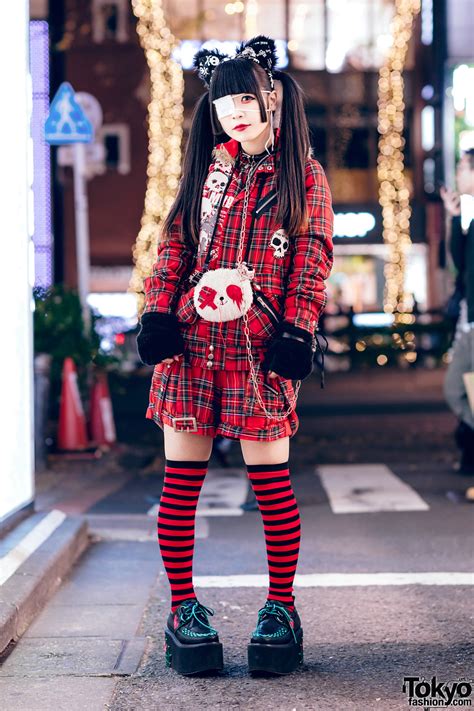 harajuku goth girl in red plaid street fashion w twin tails cat ears mad punks jacket hangry