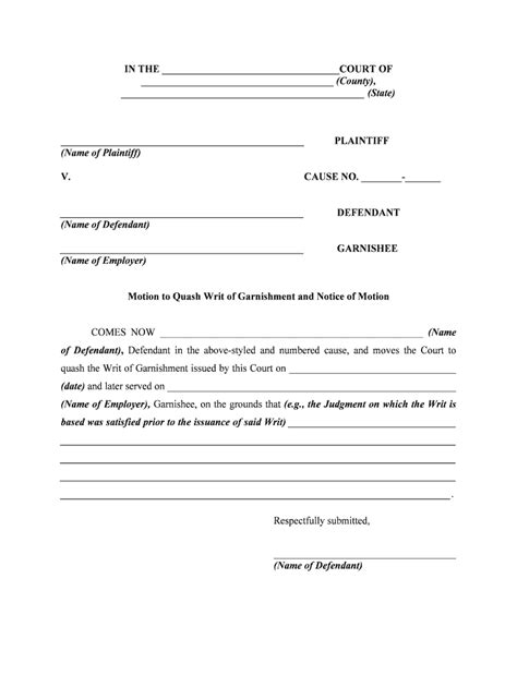 Motion To Dissolve Writ Of Garnishment Form Fill Online Printable