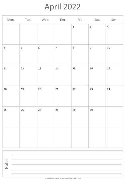 Printable April Calendar 2022 Vertical