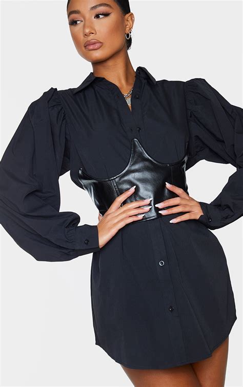 Black Faux Leather Corset Detail Shirt Dress Prettylittlething Qa