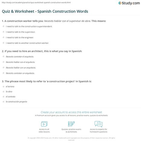 Quiz And Worksheet Spanish Construction Words