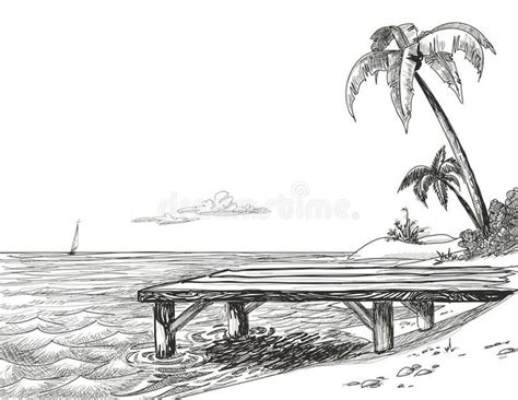 Beach Sketch Beach Sea And Wooden Jetty Drawing Spon Sea