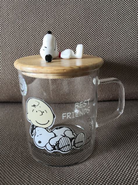 Snoopy Glass Cup With Cute Wooden Mascot Cover Furniture And Home Living Kitchenware And Tableware