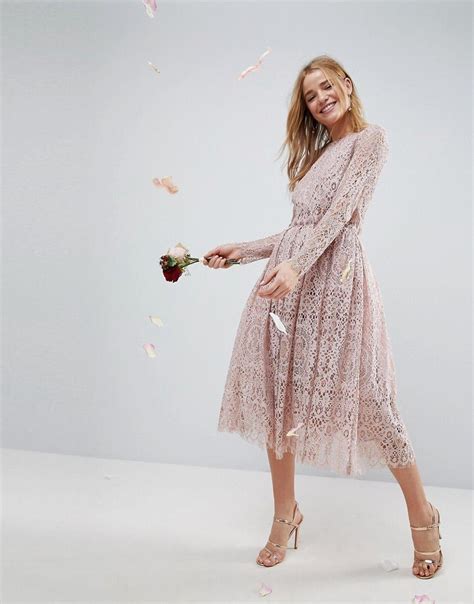 ASOS Wedding Lace Long Sleeve Midi Prom Pink Dress We Select Dresses