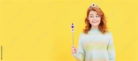 Happy Redhead Woman In Queen Crown With Magic Wand Magic Woman