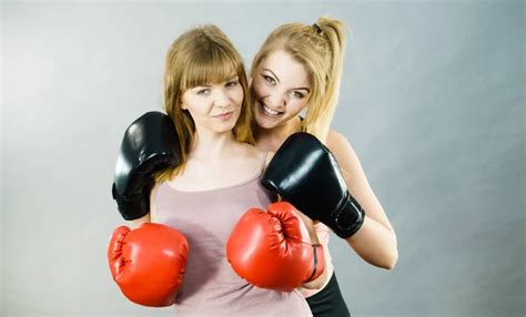 Two Women Friends Wearing Boxing Gloves Stock Image Everypixel