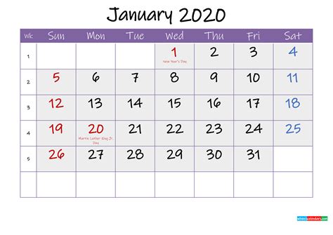 Free January 2020 Printable Calendar With Holidays Template Ink20m133