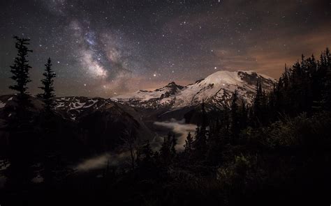 Long Exposure Milky Way Galaxy Lake Mount Hood Mountains Nature