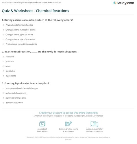 Quiz And Worksheet Chemical Reactions