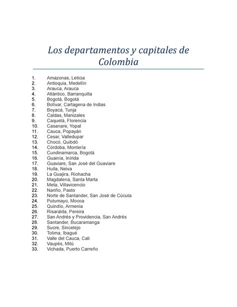 Los Departamentos Y Capitales De Colombia Los Departamentos Y