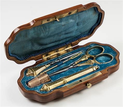 Antique French Sewing Set Etui Kingwood Case With 14k Gold Tools
