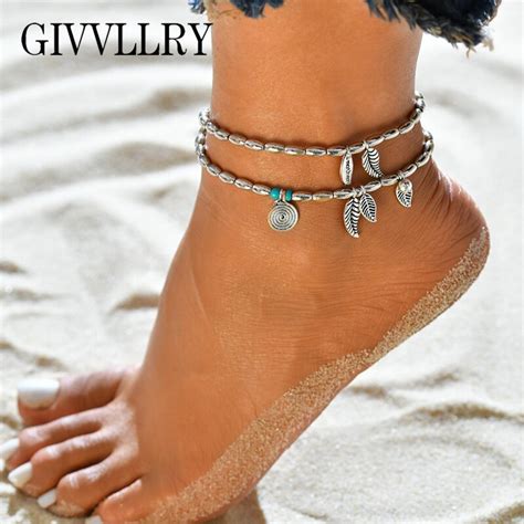 Givvllry Ethnic Handmade Beads Anklets For Women Vintage Letter Leaf
