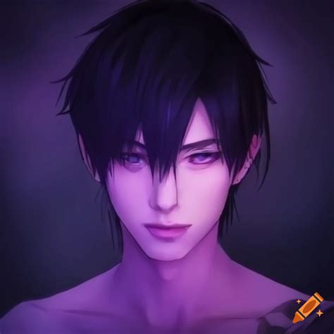 anime style illustration of a handsome man with black hair and purple eyes
