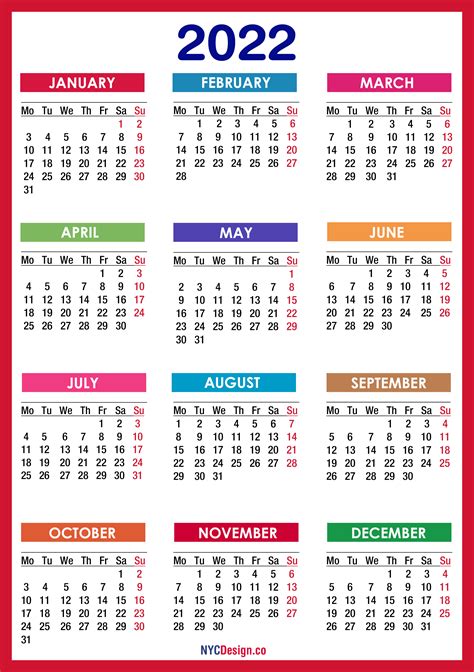 2022 Calendar Printable Free Pdf Colorful Red Orange Monday Start