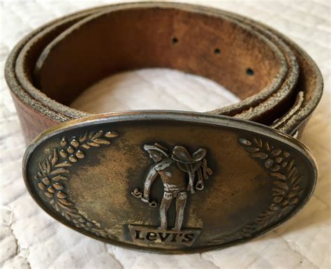 Vintage Levis Leather Belt Cowboy Buckle Distressed Brown Stamped