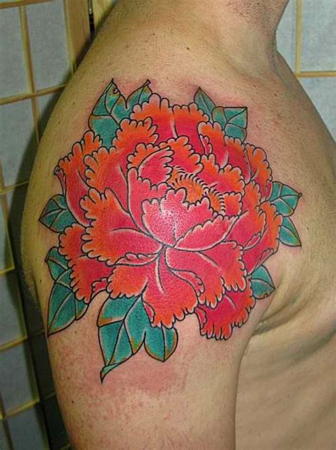 Red Ink Japanese Peony Flower Tattoo On Man Right Shoulder By Tassos