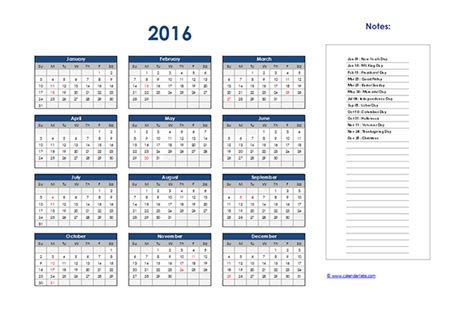2016 Excel Yearly Calendar 01 Free Printable Templates