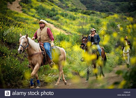 Riders On Horseback Make Their Way Along A Trail Lined With Blooming