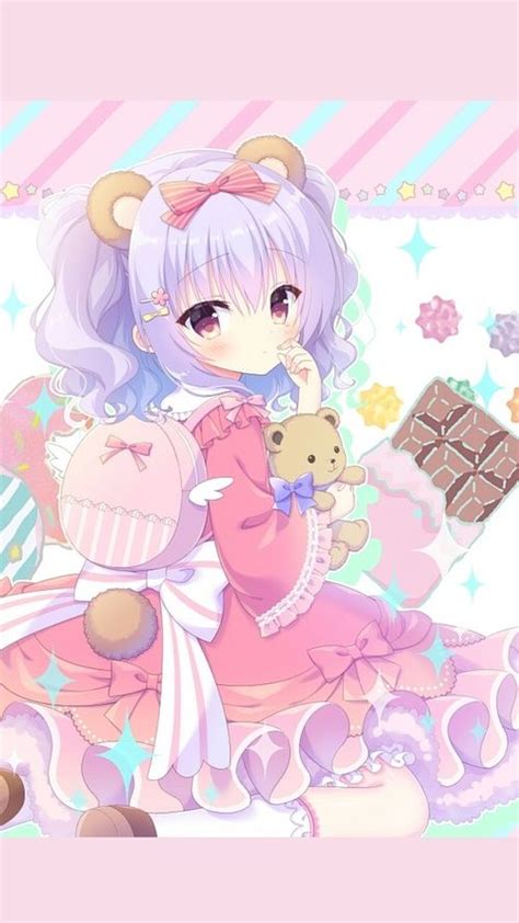 An Anime Girl Holding A Teddy Bear In Front Of A Wall With Stars And Candy