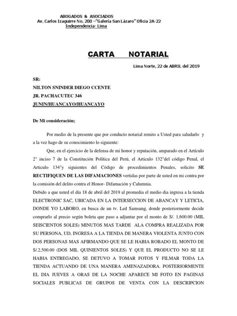 Carta Notarial Sr Nilton Sninder Diego Ccente Jr Pachacutec 346