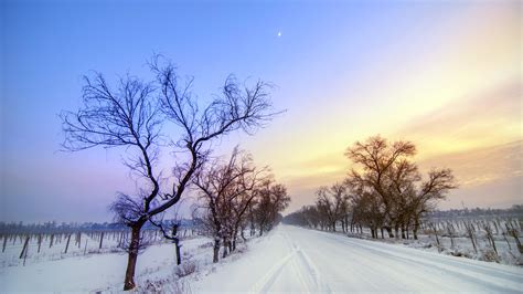 Winter Snow Road Sunset Scenery 4k Ultra HD Wallpaper