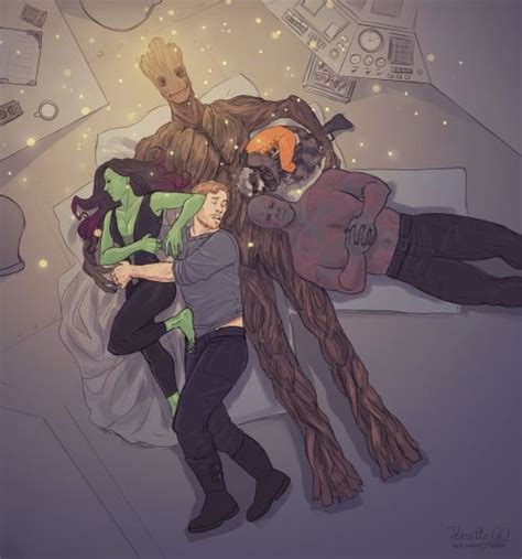 Image Gamora Peter Quill Drax And Rocket Sleeping Curled Up On Top
