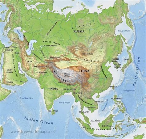 Physical Map Of Asia With Rivers Mountains And Deserts Tourist Map Of