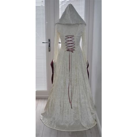 Pagan Medieval Cream And Wine Hooded Wedding Handfasting Dress Medieval