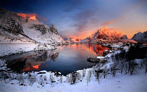 Fondos De Pantalla Noruega Puesta De Sol Invierno Nieve Casas Lago
