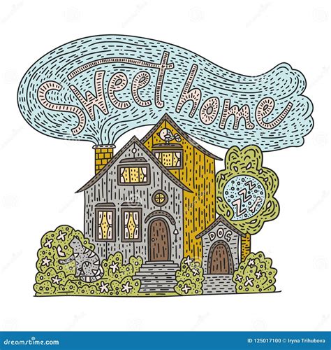 Country Doodle Detailed Cottage With Hand Drawn Lettering Sweet Home