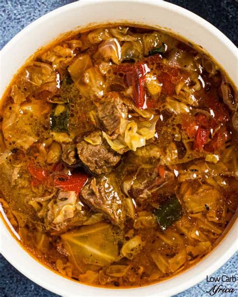 This recipe bakes up in the oven so it can be prepared ahead and heated up just before serving. Vegetable Beef Soup with Cabbage | Low Carb Africa