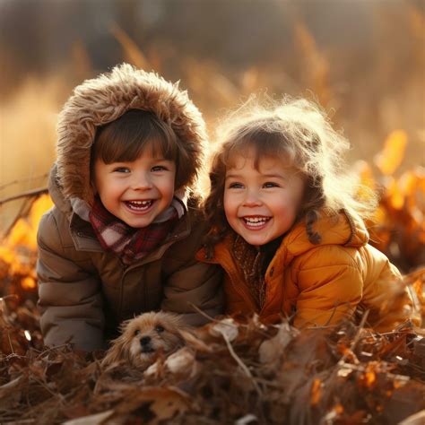 Adorable Children Playing In Piles Of Autumn Leaves 29733062 Stock