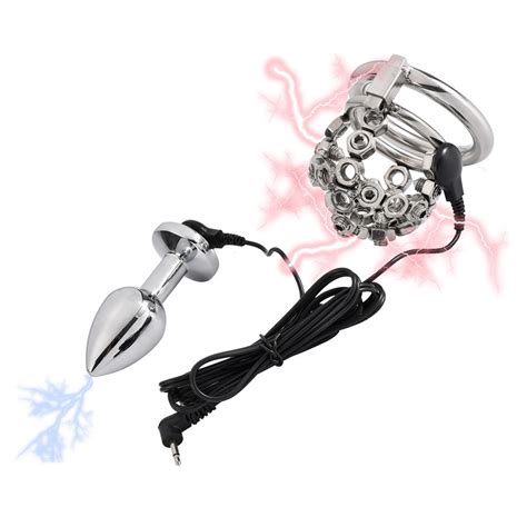 metal electric shock male chastity device anal plug bdsm sex toy penis cage training for male